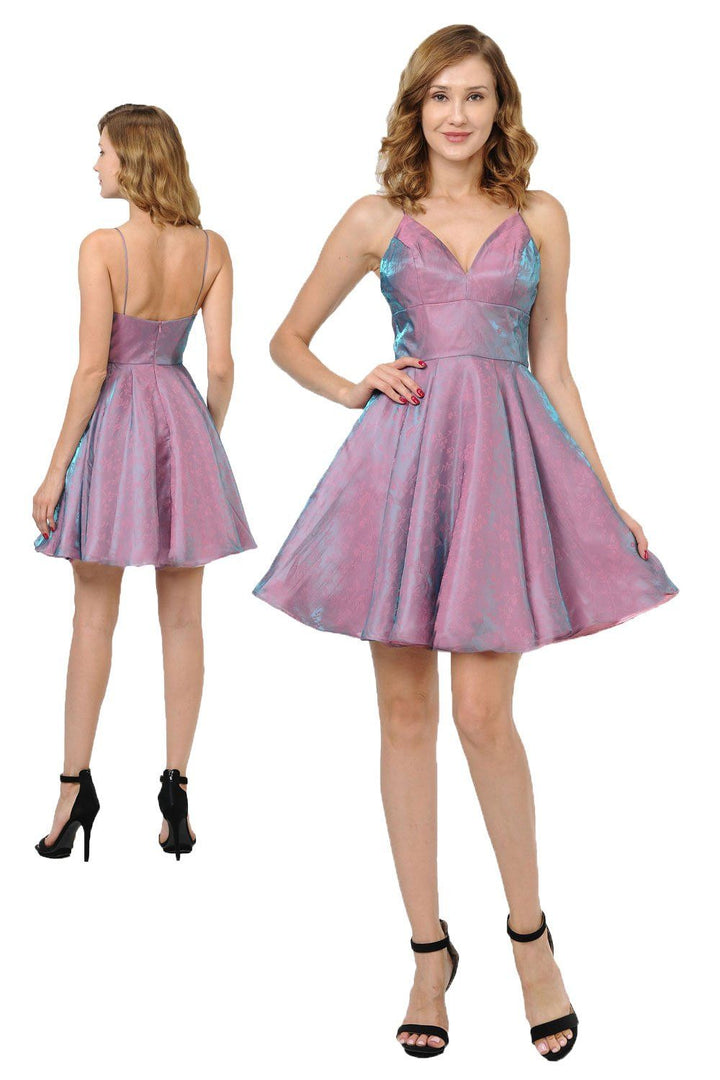 Short Iridescent V-Neck Dress with Pockets by Poly USA 9020-Short Cocktail Dresses-ABC Fashion
