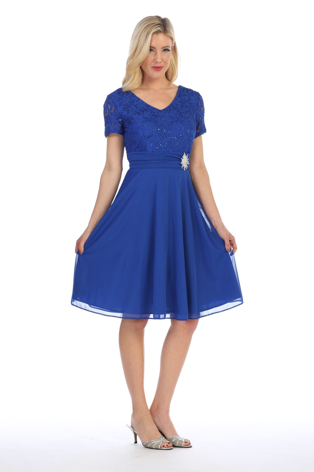 Short Knee Length Dress with Short Sleeve Lace Bodice by Celavie 6320-S-Short Cocktail Dresses-ABC Fashion