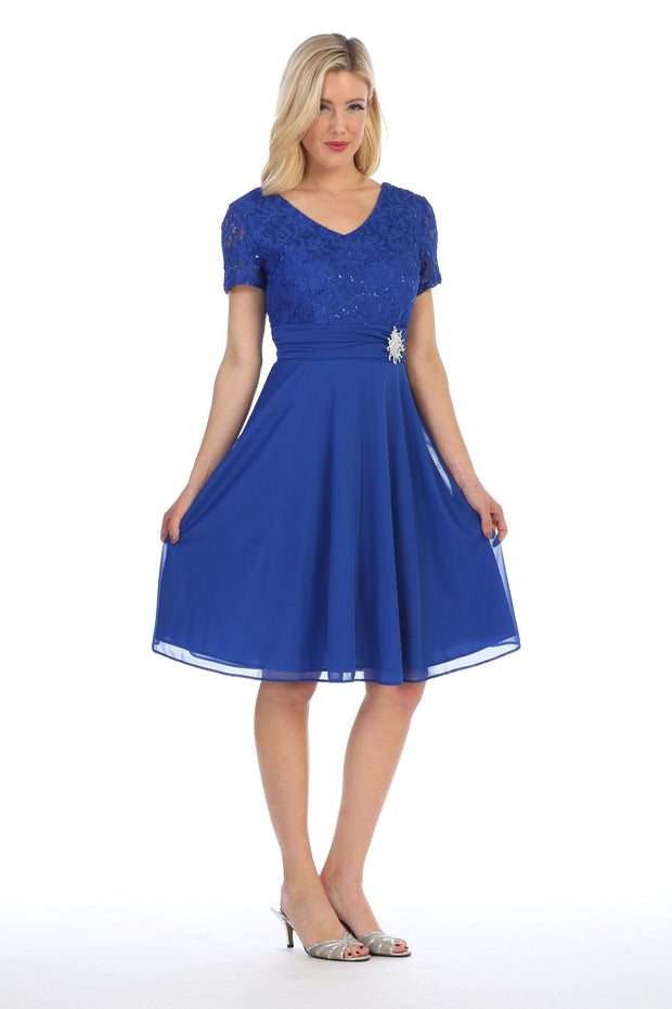 Short Knee Length Dress with Short Sleeve Lace Bodice by Celavie 6320-S-Short Cocktail Dresses-ABC Fashion