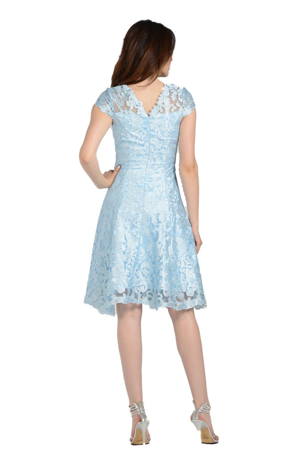Short Knee Length Lace Dress with Short Sleeves by Poly USA 8090-Short Cocktail Dresses-ABC Fashion