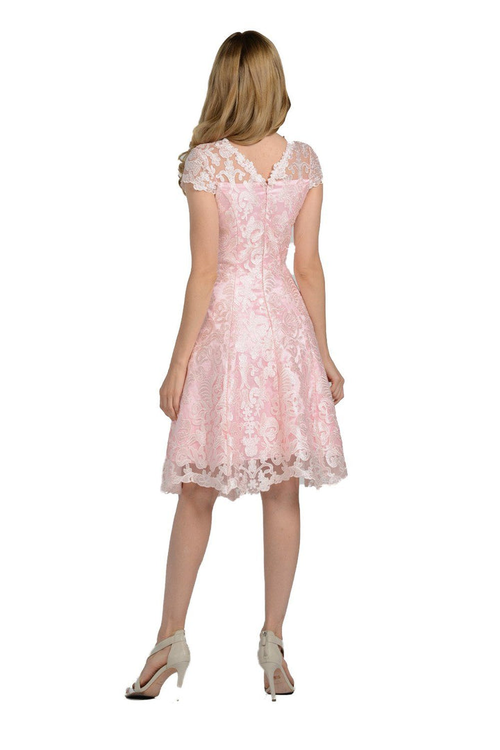 Short Knee Length Lace Dress with Short Sleeves by Poly USA 8090-Short Cocktail Dresses-ABC Fashion