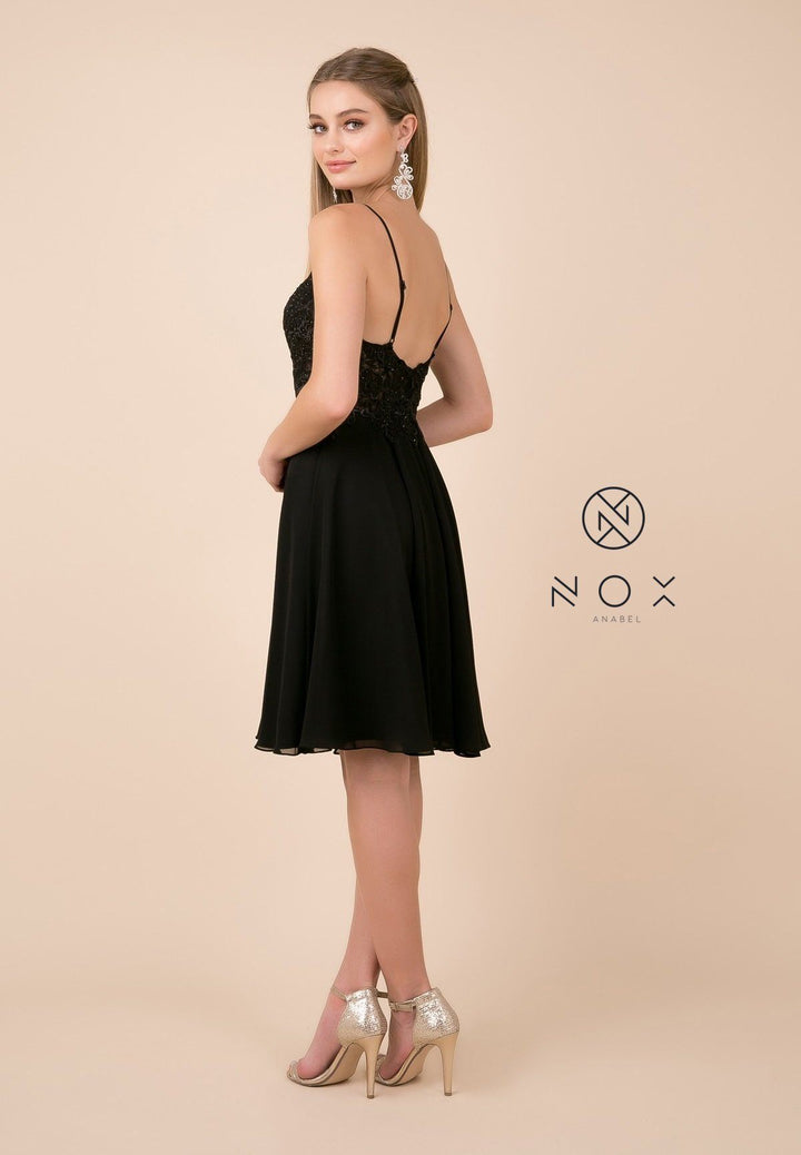 Short Knee Length V-Neck Dress with Appliques by Nox Anabel A660-Short Cocktail Dresses-ABC Fashion