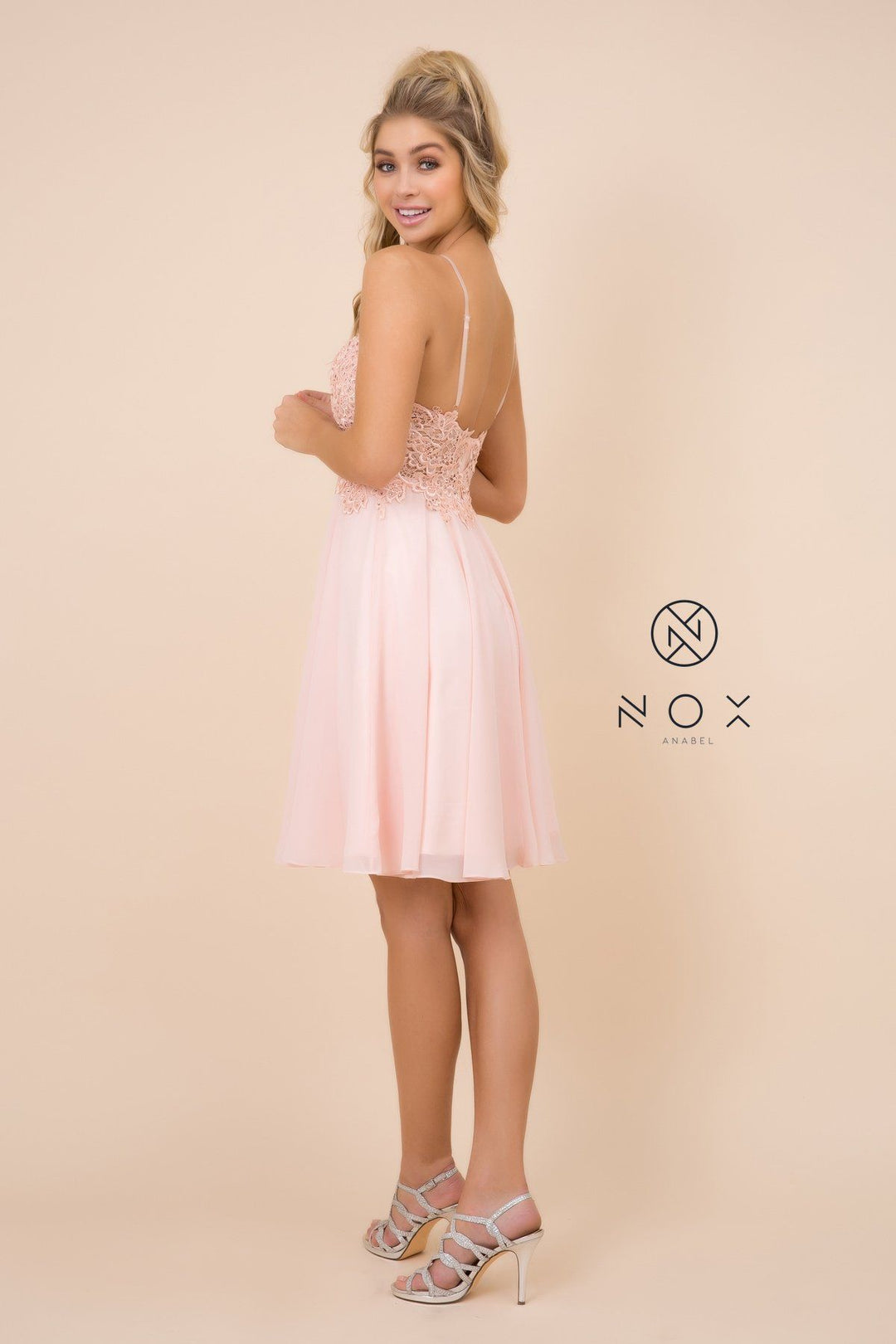 Short Knee Length V-Neck Dress with Appliques by Nox Anabel A660