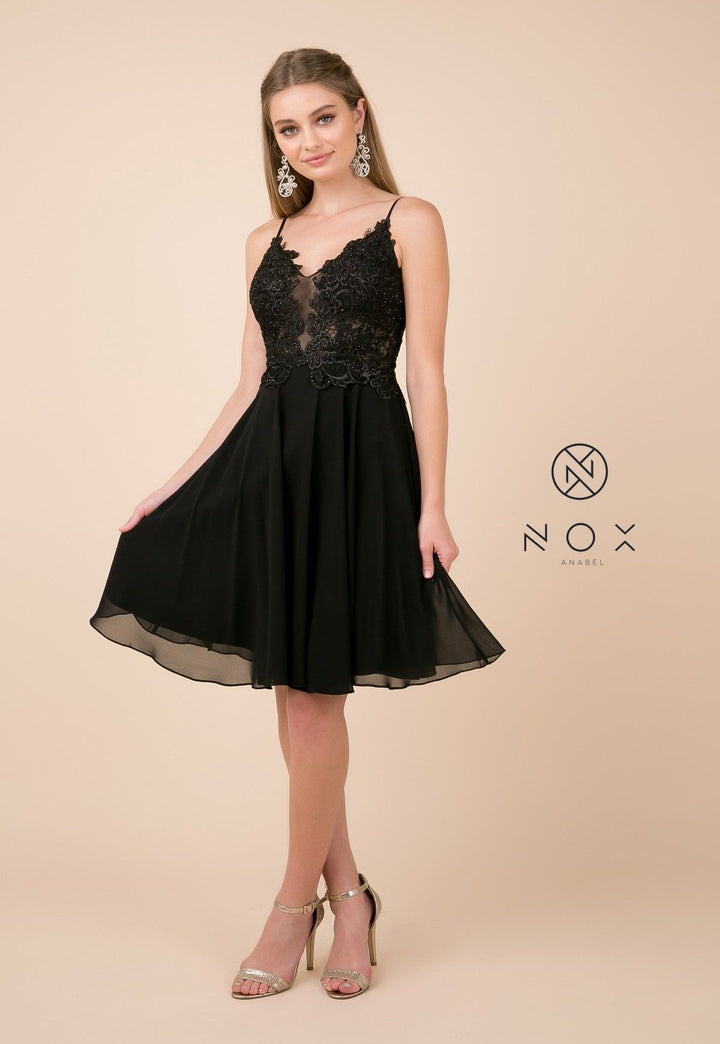 Short Knee Length V-Neck Dress with Appliques by Nox Anabel A660-Short Cocktail Dresses-ABC Fashion