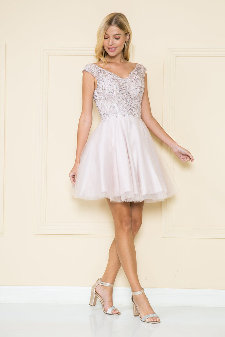 Short Lace Applique A-line Dress by Poly USA 8902