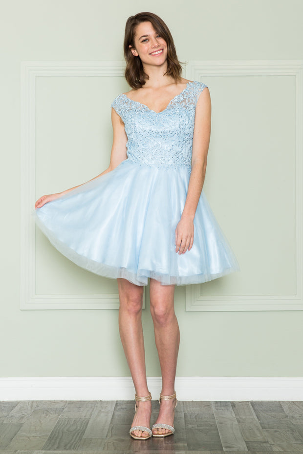 Short Lace Applique A-line Dress by Poly USA 8902