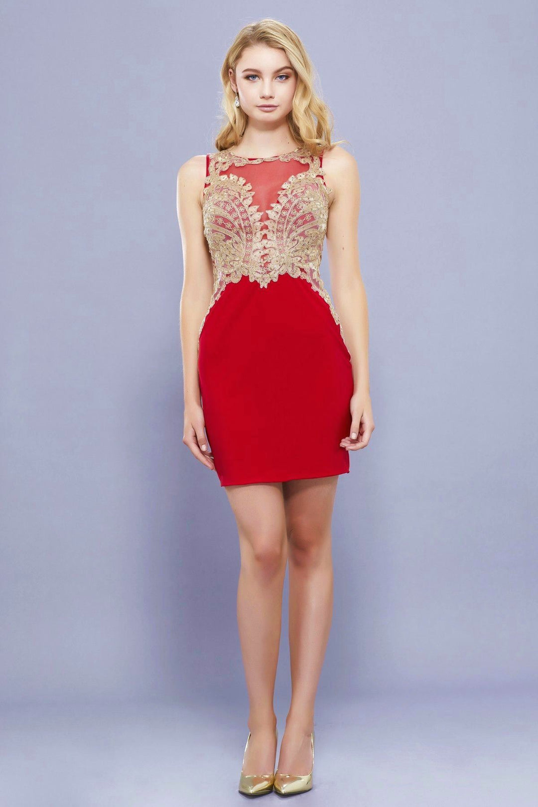 Short Lace Applique Dress with Pencil Skirt by Nox Anabel 6313-Short Cocktail Dresses-ABC Fashion