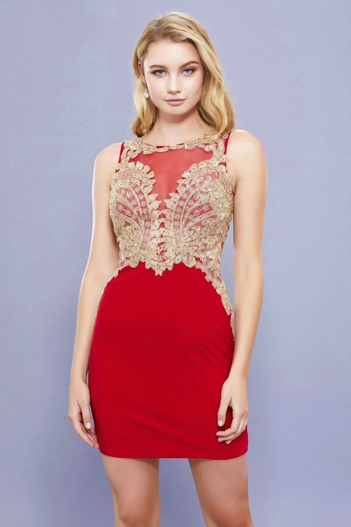 Short Lace Applique Dress with Pencil Skirt by Nox Anabel 6313-Short Cocktail Dresses-ABC Fashion