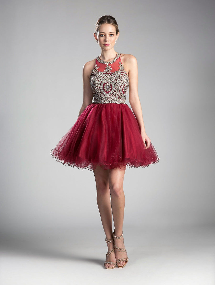 Ladivine UJ0119 Short Appliqued Bodice Halter Tulle Skirt Dress