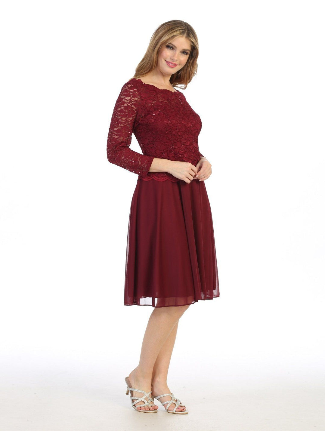 Short Lace Bodice Dress with 3/4 Sleeves by Celavie 6426S