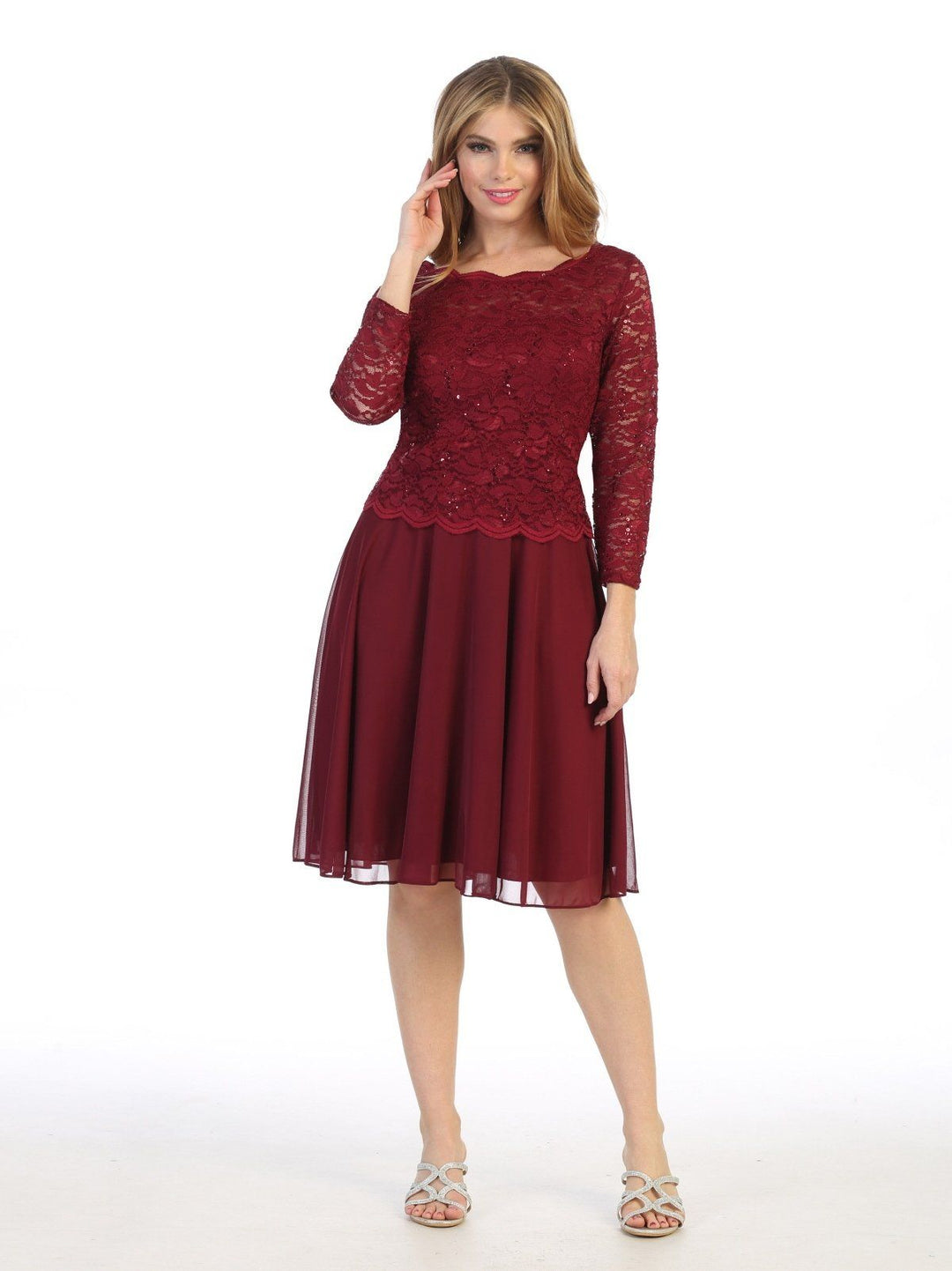 Short Lace Bodice Dress with 3/4 Sleeves by Celavie 6426S