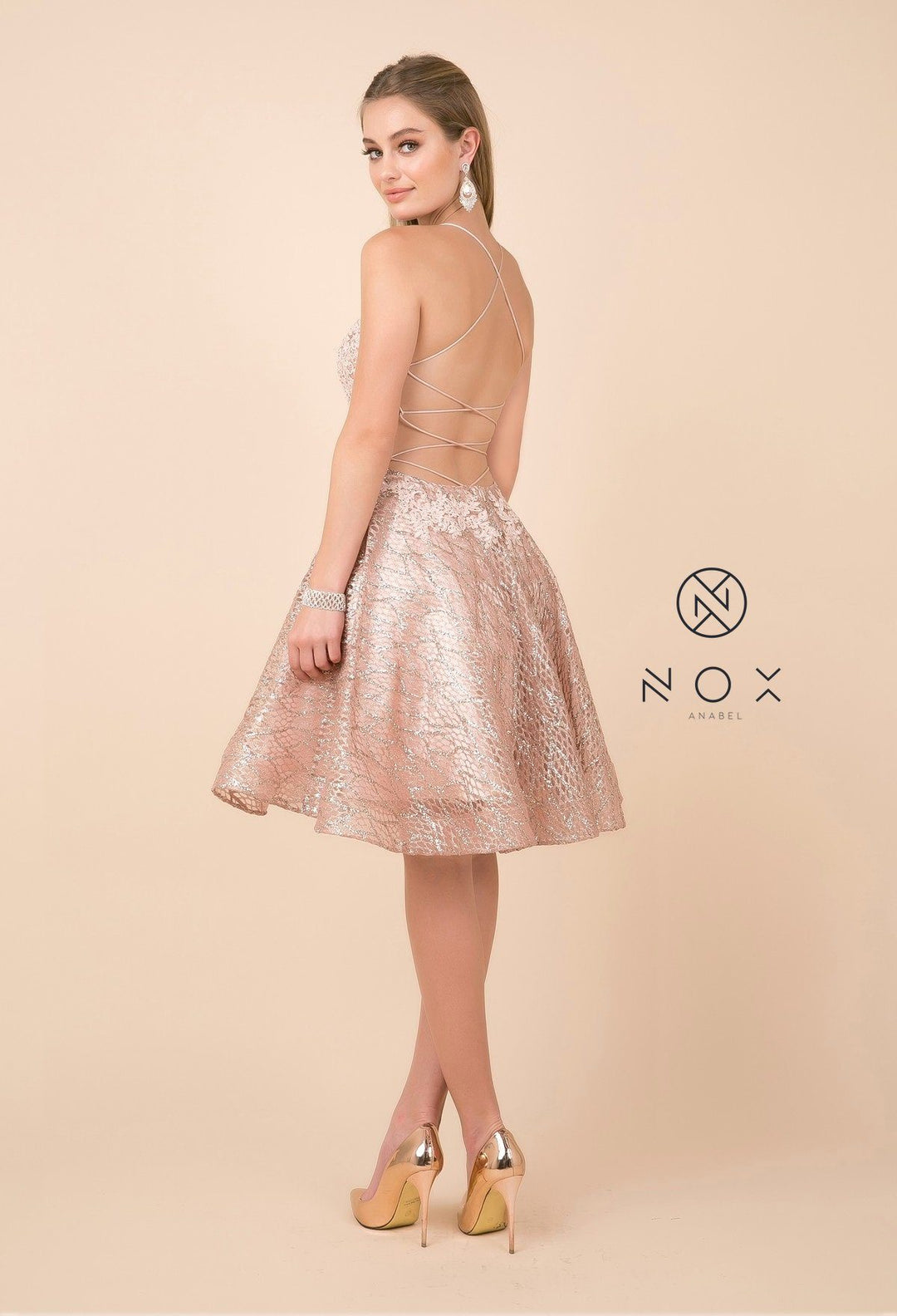 Short Lace Bodice Dress with Glitter Skirt by Nox Anabel R682-Short Cocktail Dresses-ABC Fashion