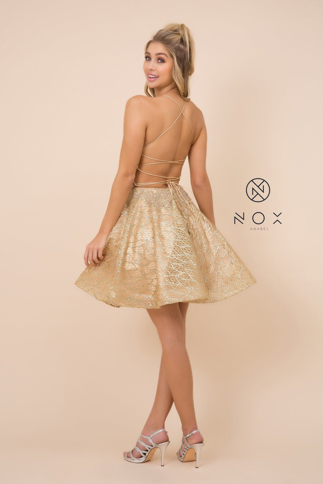 Short Lace Bodice Dress with Glitter Skirt by Nox Anabel R682