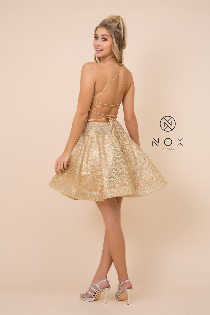 Short Lace Bodice Dress with Glitter Skirt by Nox Anabel R682