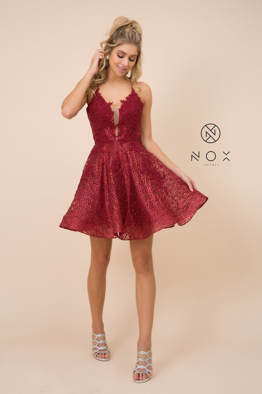Short Lace Bodice Dress with Glitter Skirt by Nox Anabel R682