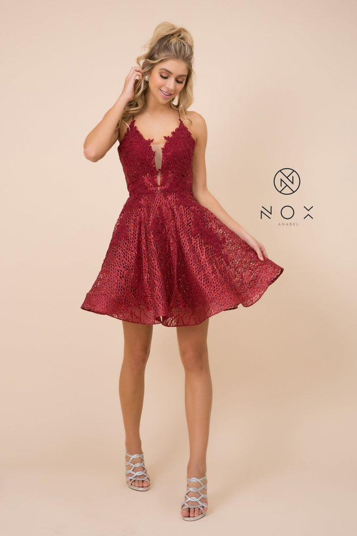 Short Lace Bodice Dress with Glitter Skirt by Nox Anabel R682