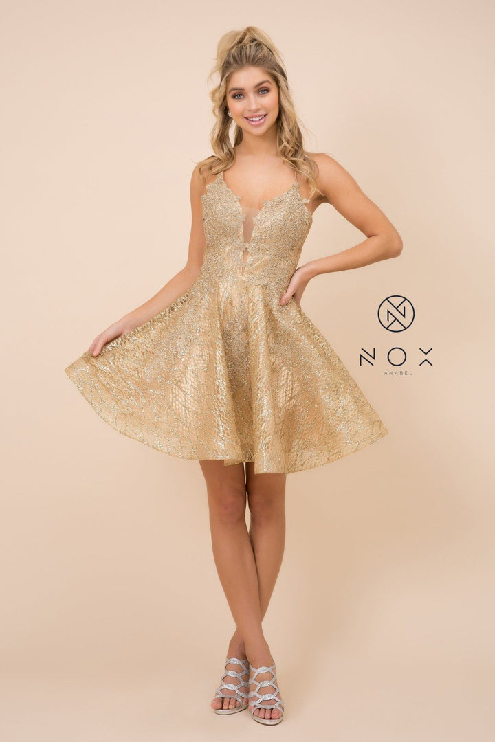 Short Lace Bodice Dress with Glitter Skirt by Nox Anabel R682