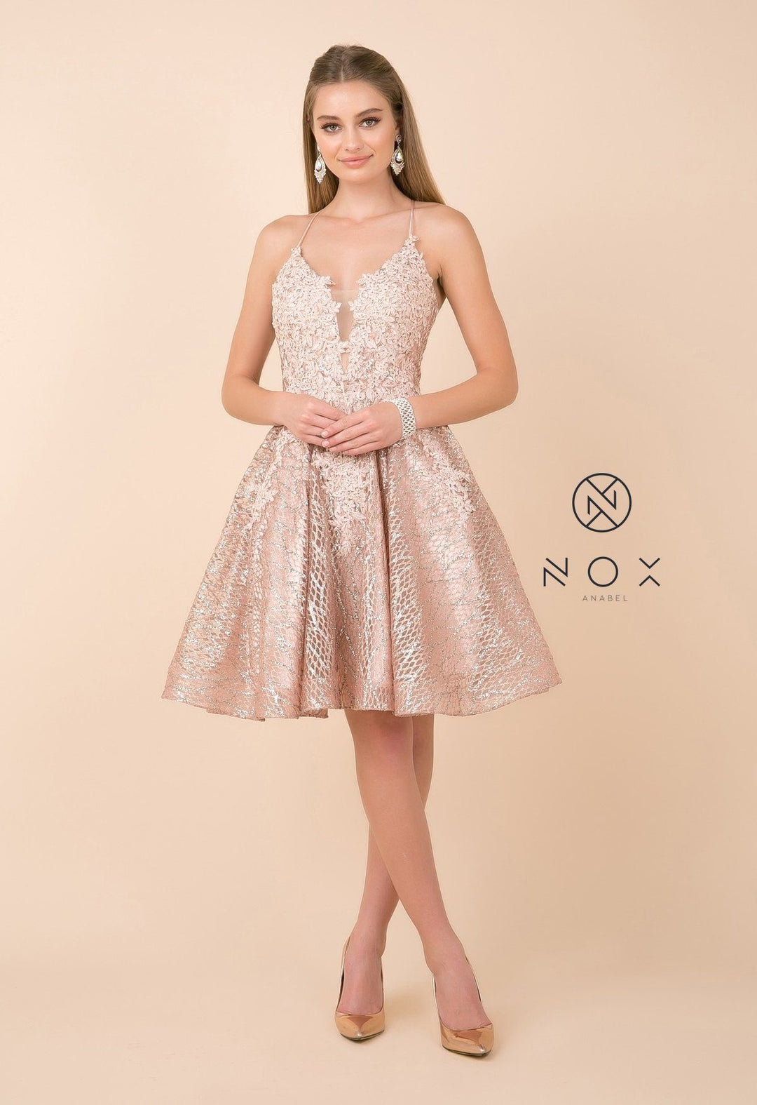 Short Lace Bodice Dress with Glitter Skirt by Nox Anabel R682-Short Cocktail Dresses-ABC Fashion