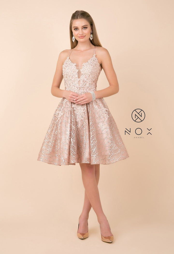 Short Lace Bodice Dress with Glitter Skirt by Nox Anabel R682-Short Cocktail Dresses-ABC Fashion
