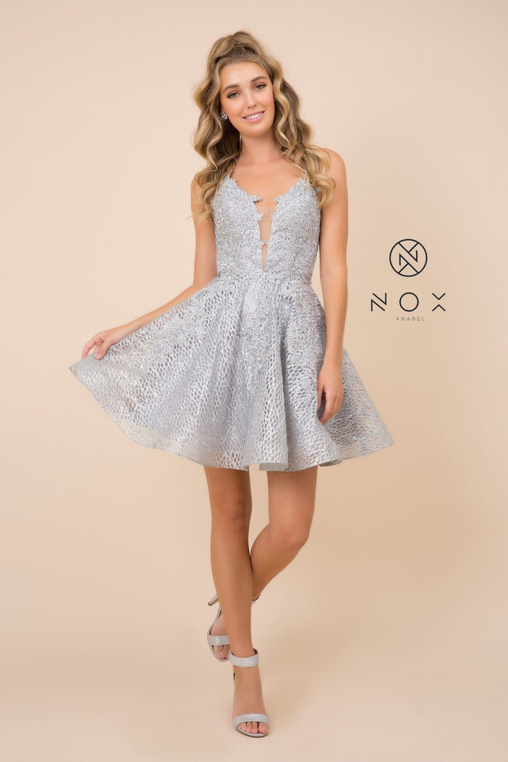 Short Lace Bodice Dress with Glitter Skirt by Nox Anabel R682
