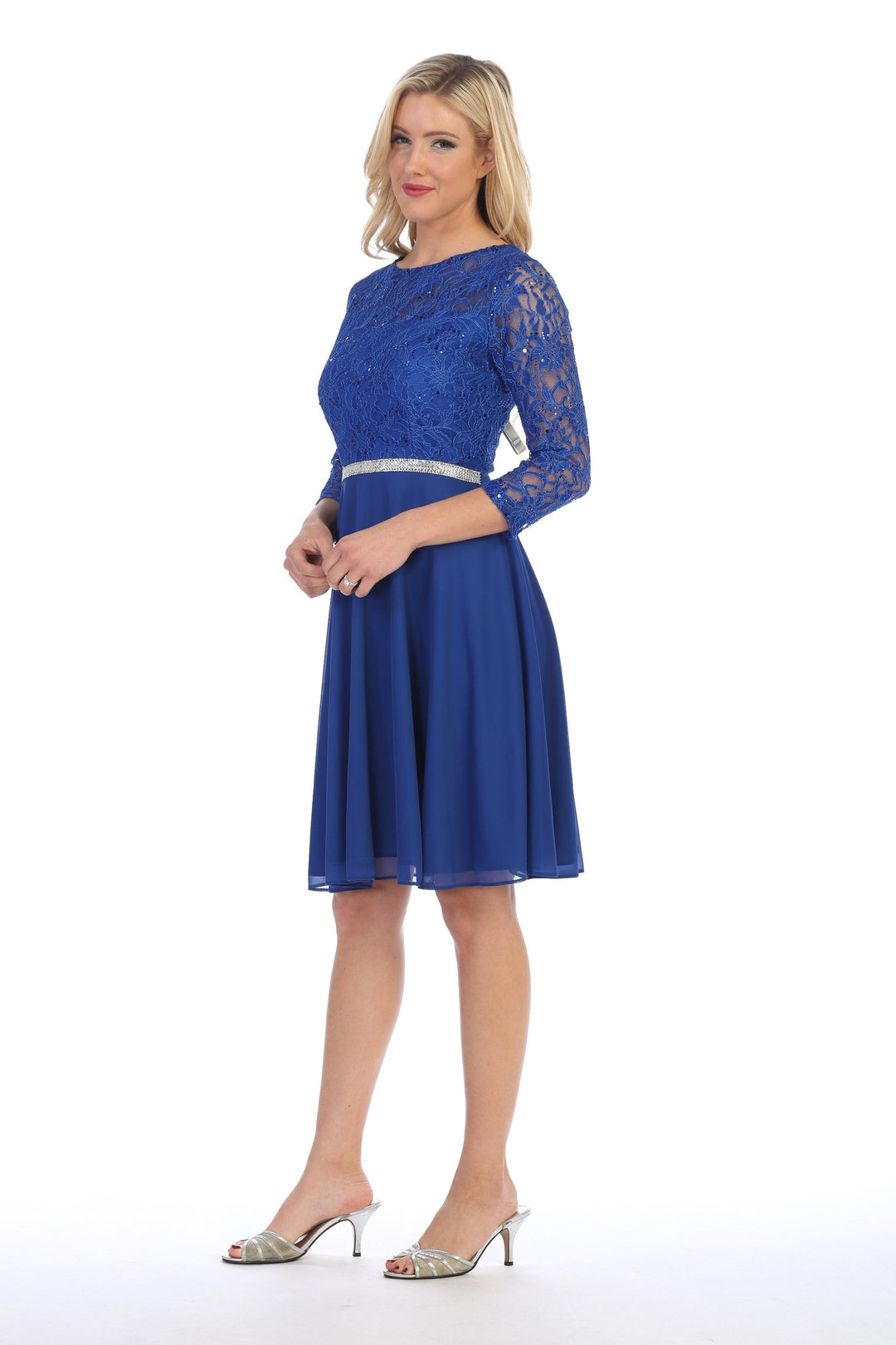 Short Lace Bodice Dress with Long Sleeves by Celavie 6305-S-Short Cocktail Dresses-ABC Fashion