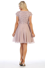 Short Lace Bodice Dress with Short Sleeves by Celavie 6394S-Short Cocktail Dresses-ABC Fashion