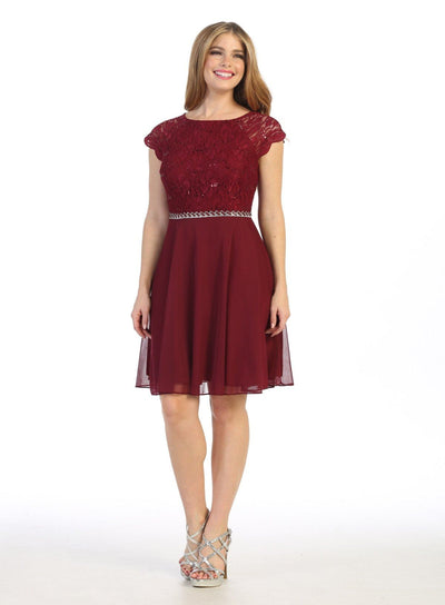 Short Lace Bodice Dress with Short Sleeves by Celavie 6394S