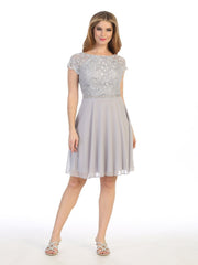 Short Lace Bodice Dress with Short Sleeves by Celavie 6394S