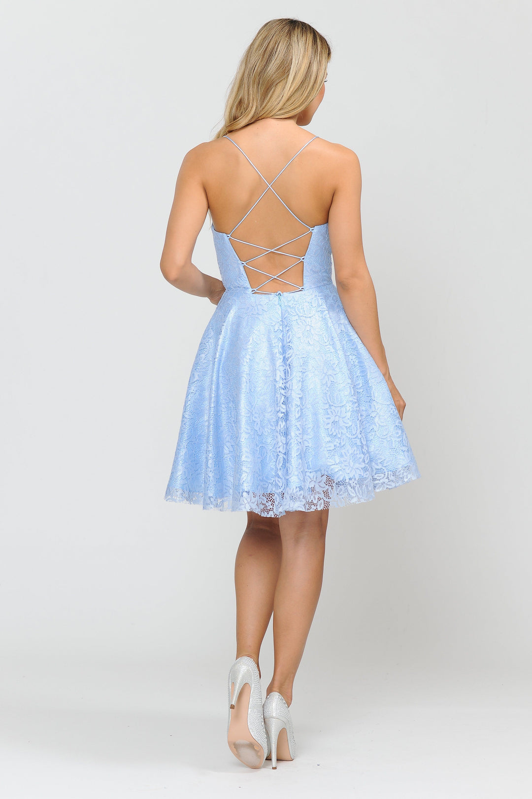 Short Lace Dress with Crisscross Open Back by Poly USA 8388-Short Cocktail Dresses-ABC Fashion