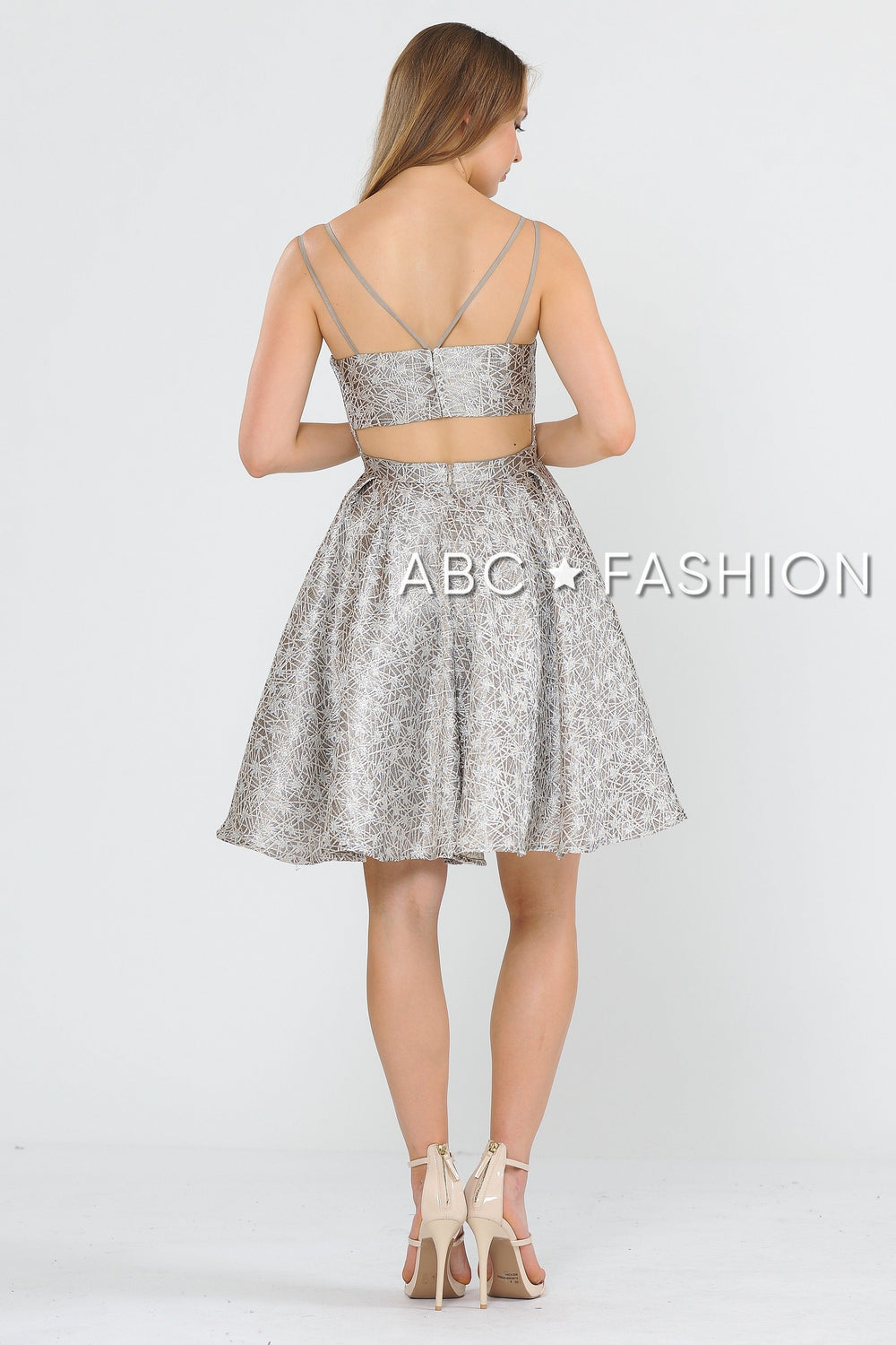 Short Metallic Brocade Dress with Cut Out Back by Poly USA 8364-Short Cocktail Dresses-ABC Fashion