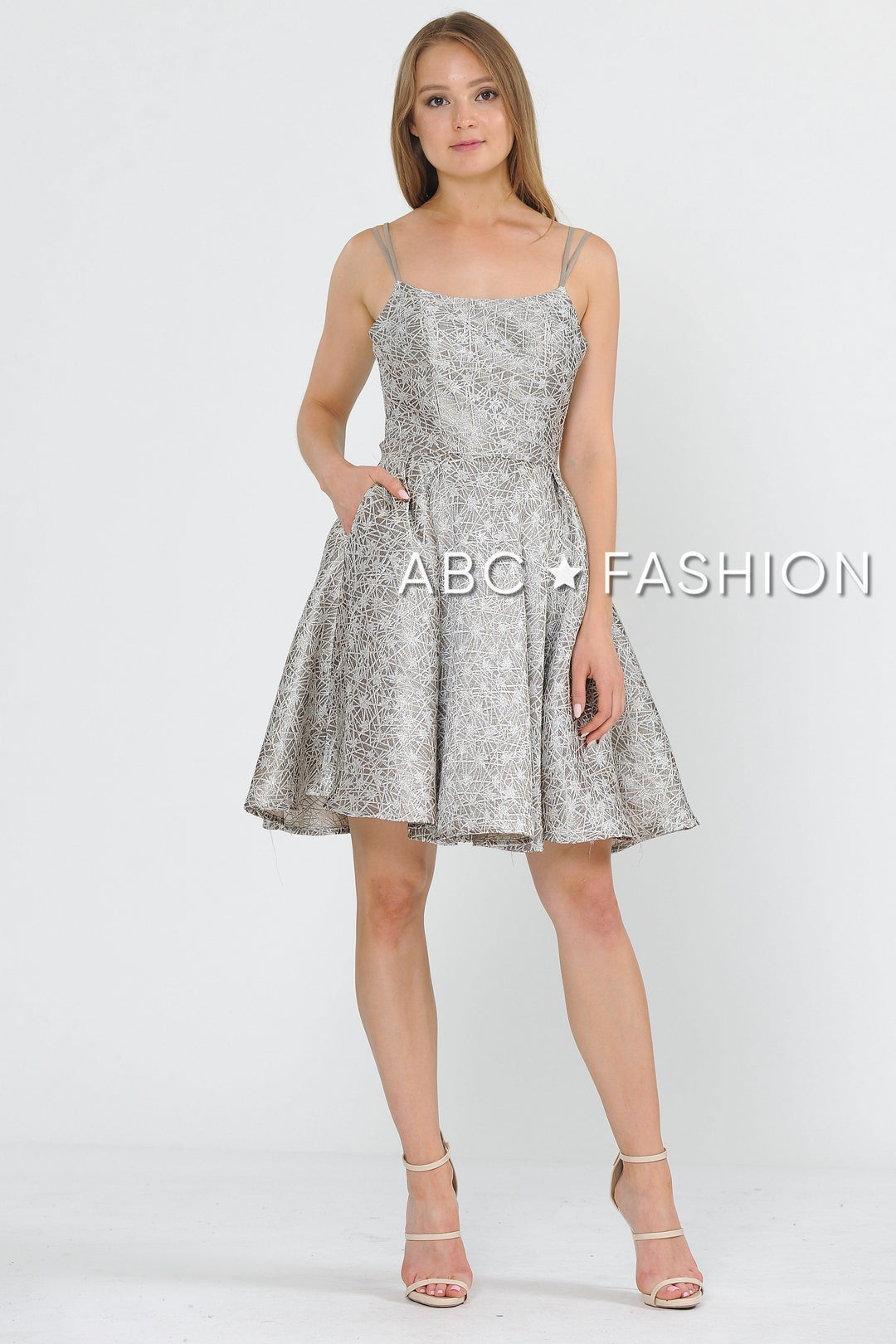 Short Metallic Brocade Dress with Cut Out Back by Poly USA 8364-Short Cocktail Dresses-ABC Fashion