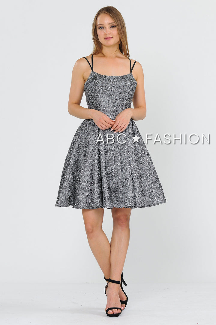 Short Metallic Brocade Dress with Cut Out Back by Poly USA 8364-Short Cocktail Dresses-ABC Fashion