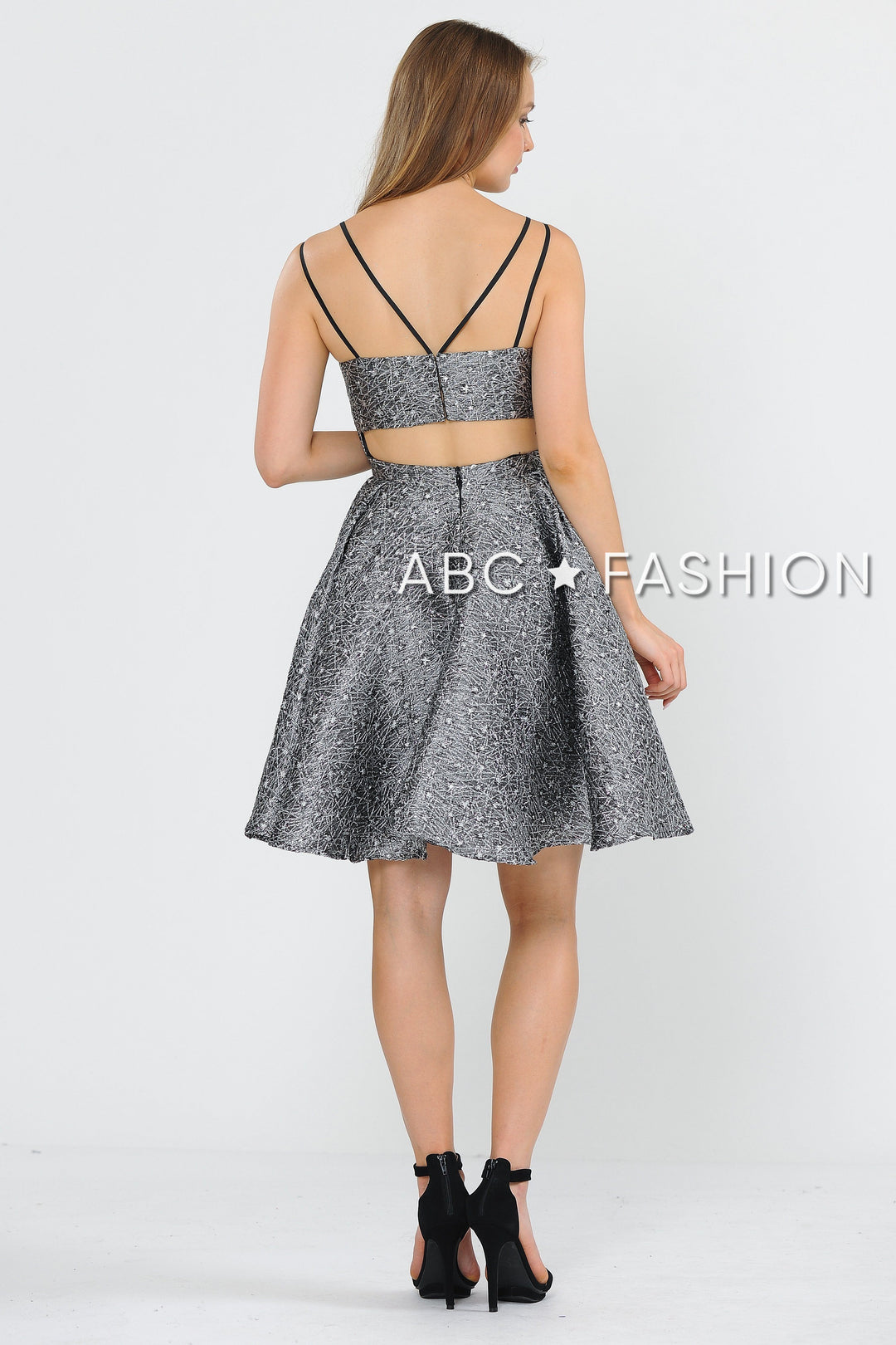 Short Metallic Brocade Dress with Cut Out Back by Poly USA 8364-Short Cocktail Dresses-ABC Fashion