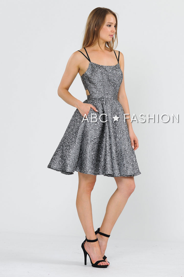 Short Metallic Brocade Dress with Cut Out Back by Poly USA 8364-Short Cocktail Dresses-ABC Fashion
