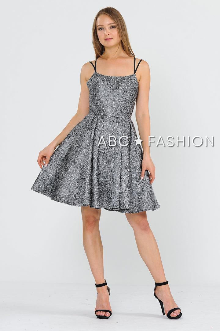 Short Metallic Brocade Dress with Cut Out Back by Poly USA 8364-Short Cocktail Dresses-ABC Fashion