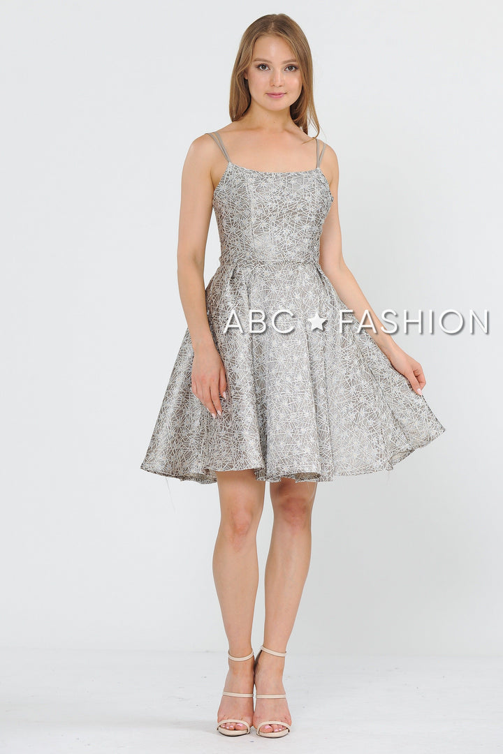 Short Metallic Brocade Dress with Cut Out Back by Poly USA 8364-Short Cocktail Dresses-ABC Fashion