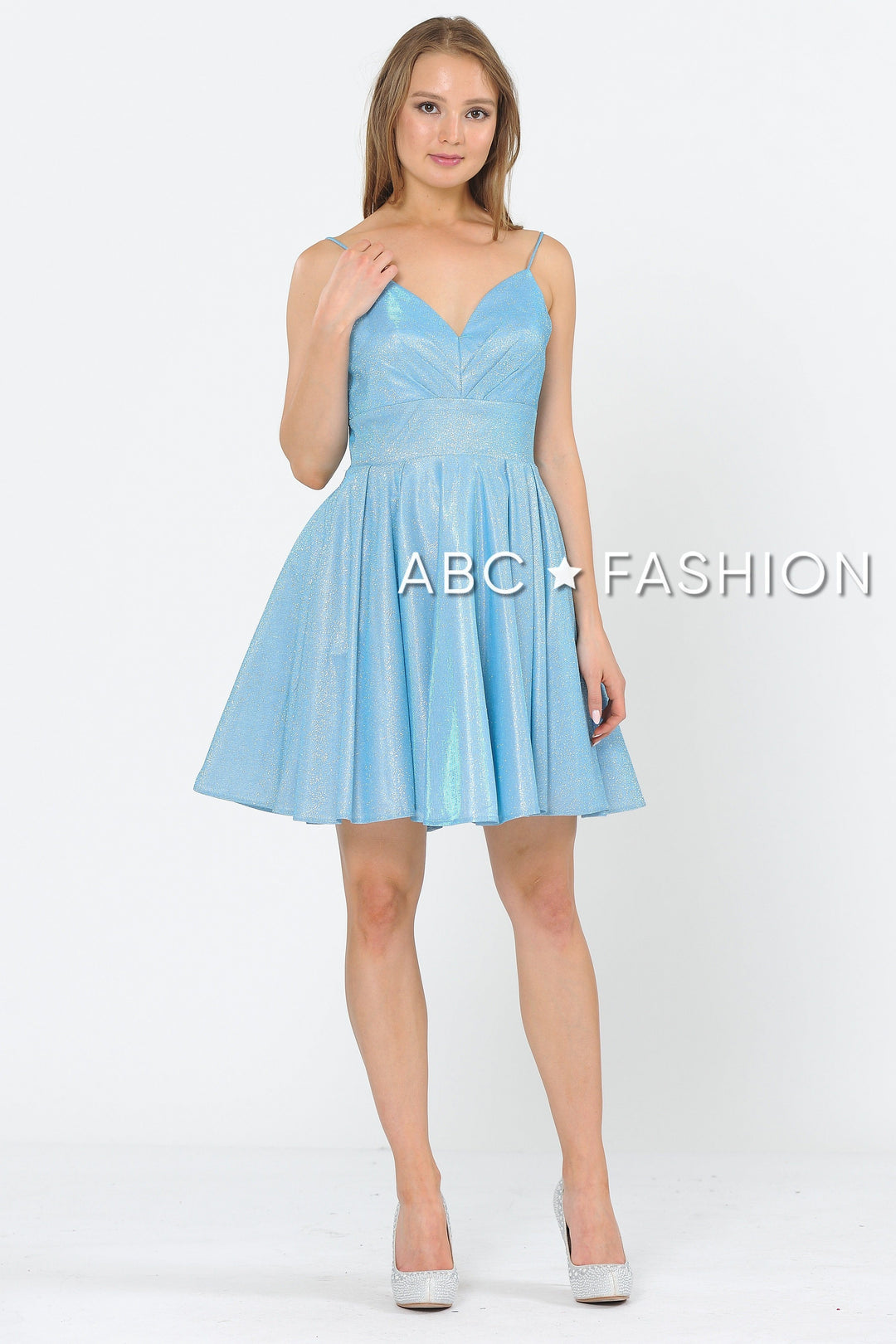 Short Metallic Glitter Dress with A-line Skirt by Poly USA 8530-Short Cocktail Dresses-ABC Fashion