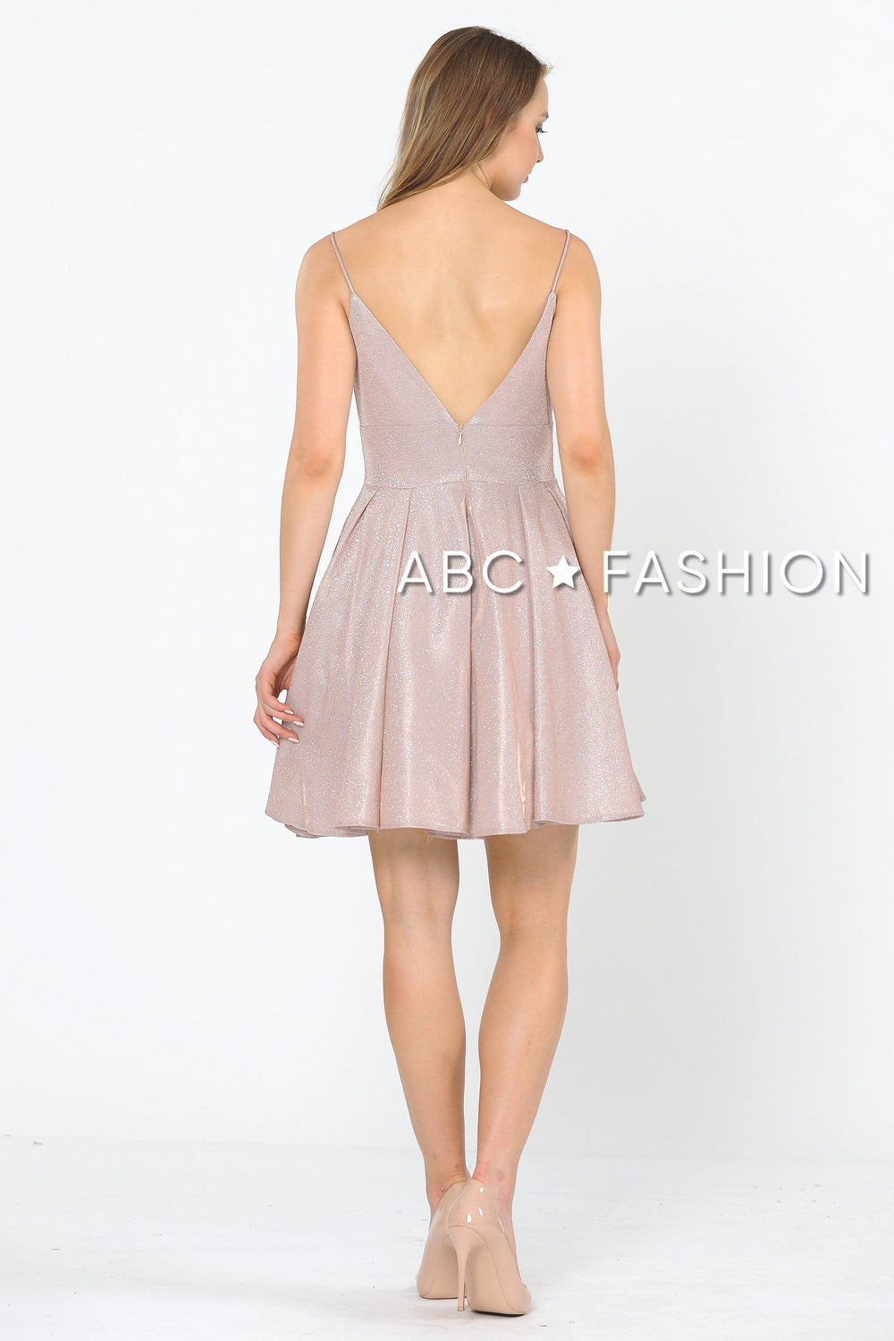 Short Metallic Glitter Dress with A-line Skirt by Poly USA 8530-Short Cocktail Dresses-ABC Fashion