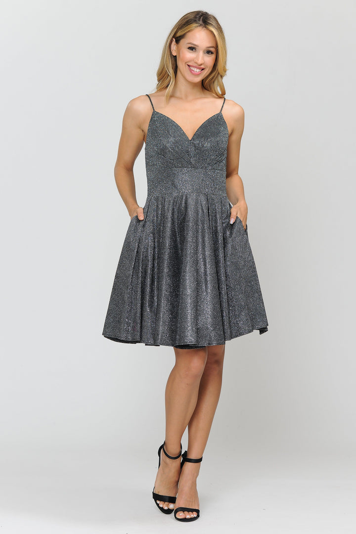 Short Metallic Glitter Dress with A-line Skirt by Poly USA 8530-Short Cocktail Dresses-ABC Fashion