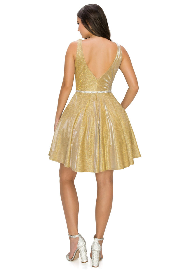 Short Metallic Glitter V-Neck Dress by Cinderella Couture 8013J