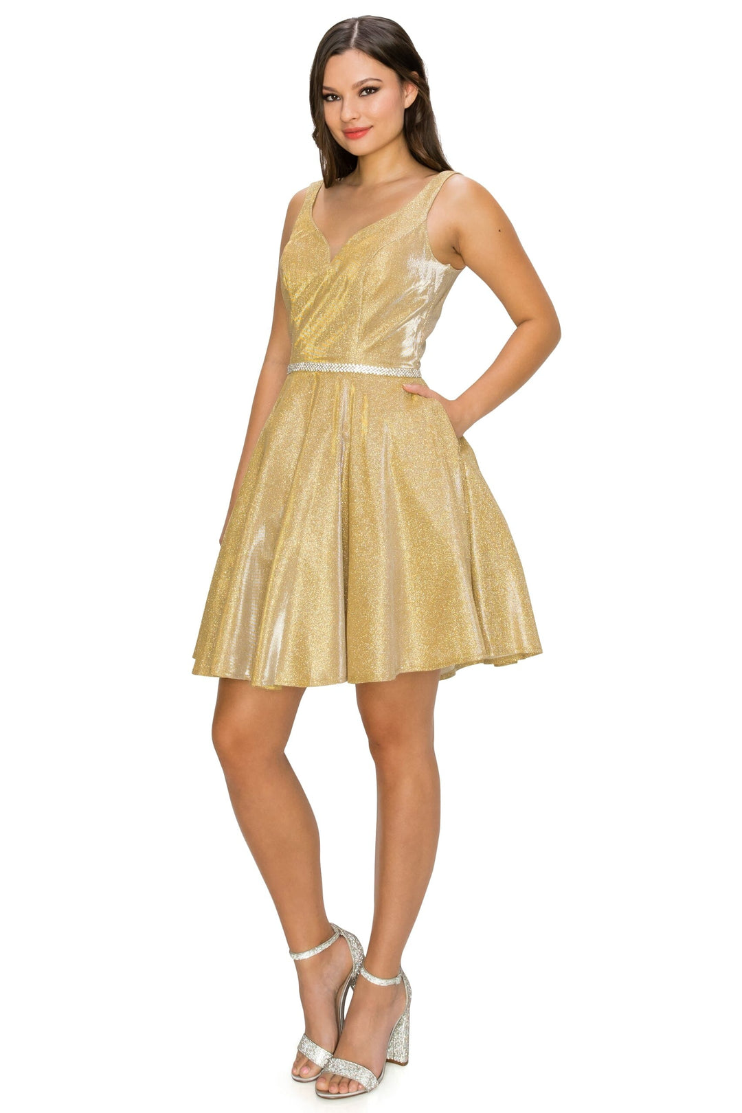 Short Metallic Glitter V-Neck Dress by Cinderella Couture 8013J