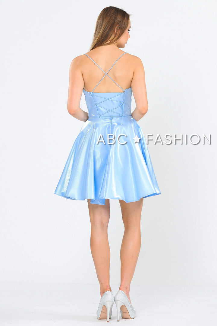 Short Metallic V-Neck Dress with Open Back by Poly USA 8306-Short Cocktail Dresses-ABC Fashion