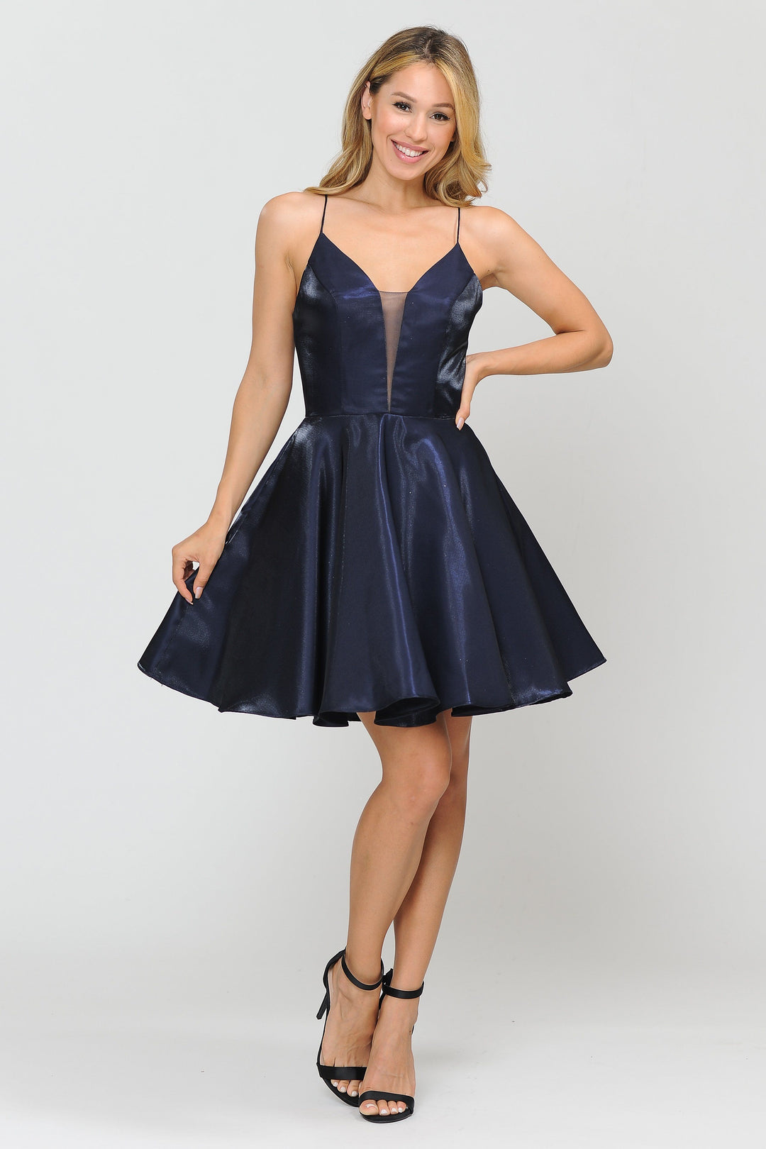 Short Metallic V-Neck Dress with Open Back by Poly USA 8306-Short Cocktail Dresses-ABC Fashion