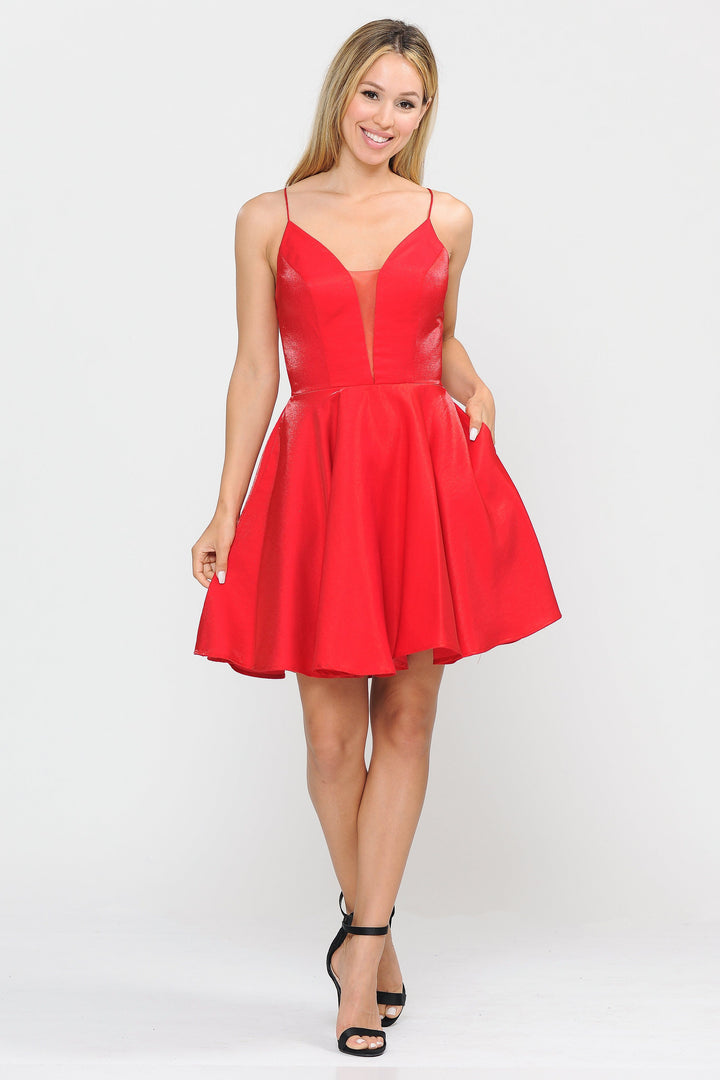 Short Metallic V-Neck Dress with Open Back by Poly USA 8306-Short Cocktail Dresses-ABC Fashion