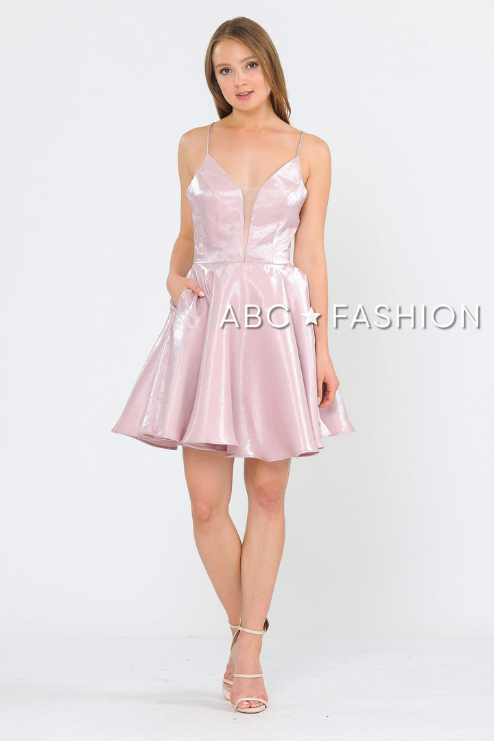 Short Metallic V-Neck Dress with Open Back by Poly USA 8306-Short Cocktail Dresses-ABC Fashion