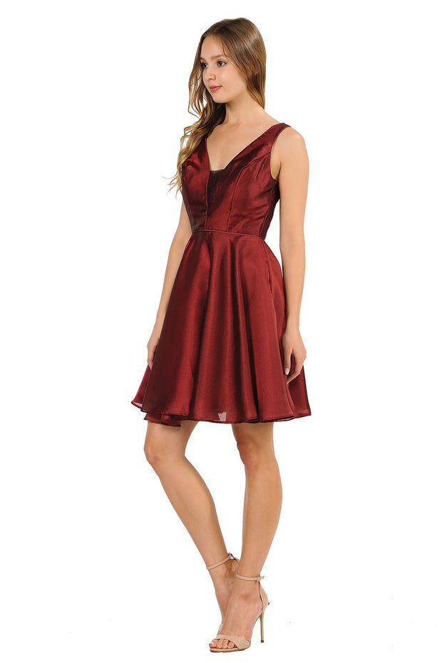 Short Metallic V-Neck Dress with Pockets by Poly USA 9018-Short Cocktail Dresses-ABC Fashion