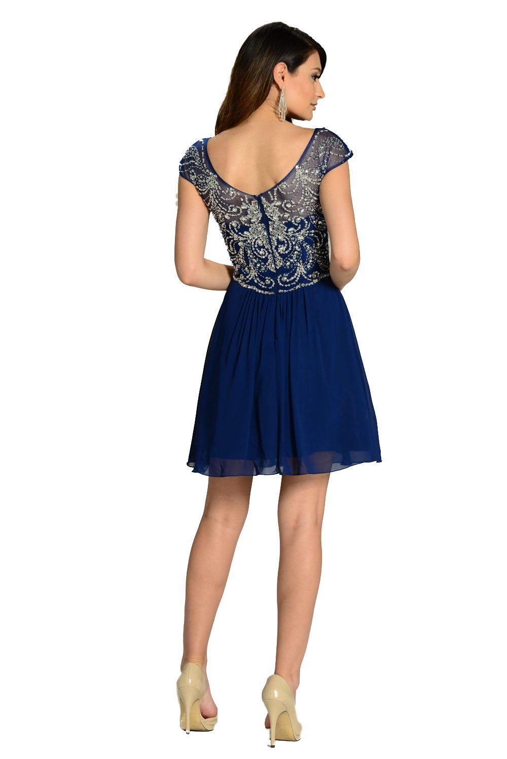 Short Navy Blue Cap Sleeve Dress with Jeweled Bodice by Poly USA-Short Cocktail Dresses-ABC Fashion
