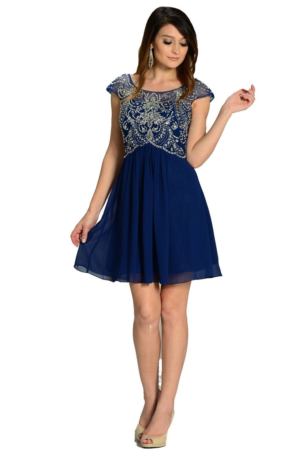 Short Navy Blue Cap Sleeve Dress with Jeweled Bodice by Poly USA-Short Cocktail Dresses-ABC Fashion