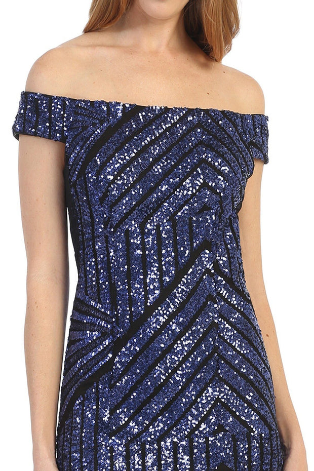Short Off Shoulder Glitter Print Dress by Celavie 6480