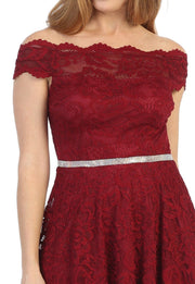 Short Off Shoulder Lace Dress with Beaded Waistband by Celavie 6457